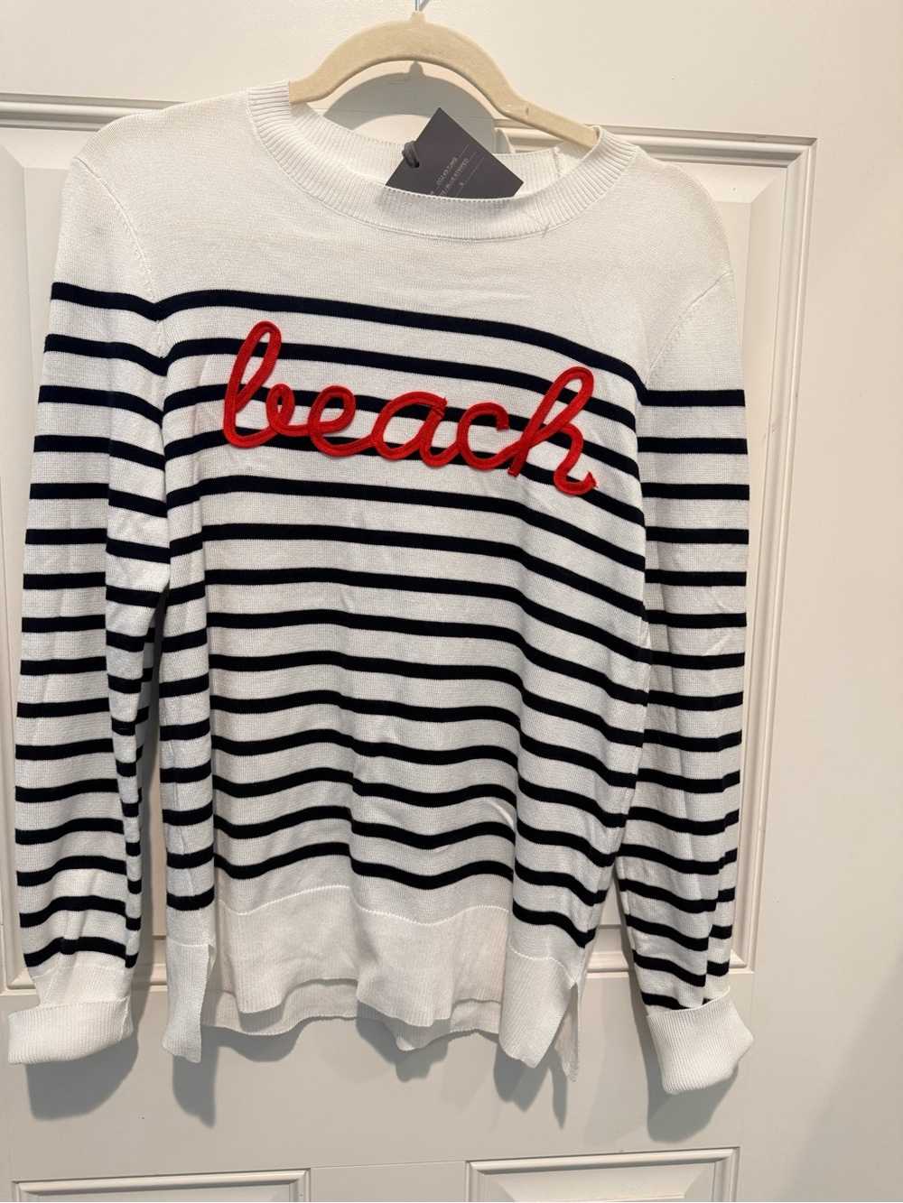 Striped 'beach' Knit Sweater - White, Black & Red Script